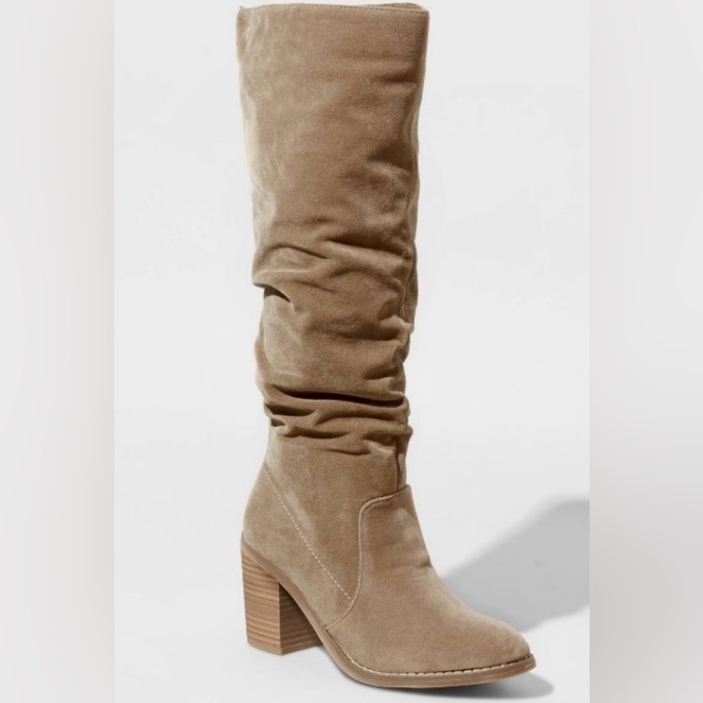 Women’s Taupe Scrunch Suede Heeled Knee High Boots- Size 9.5